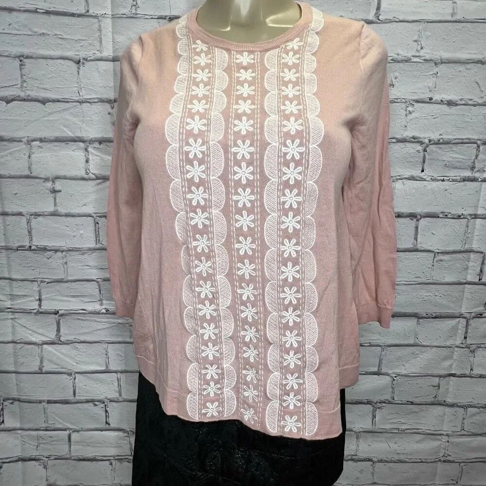 J. Crew Womens Blush Pink Embroidered Merino Wool Floral Sweater Size Small